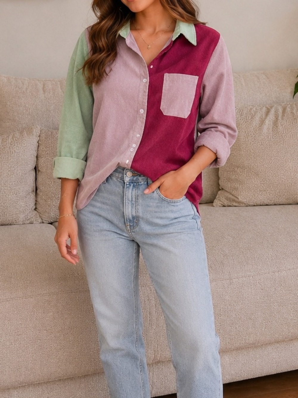 ROMWE Colorblock Corduroy Button Down Shirt Pink Burgundy Mint Green Size M